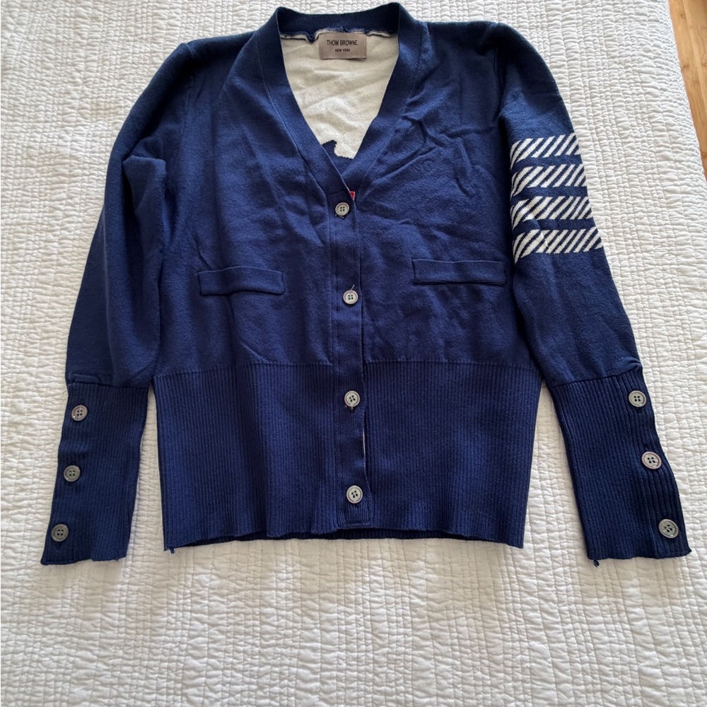 Thom Browne Navy Cardigan with Striped Sleeve SZ: S
